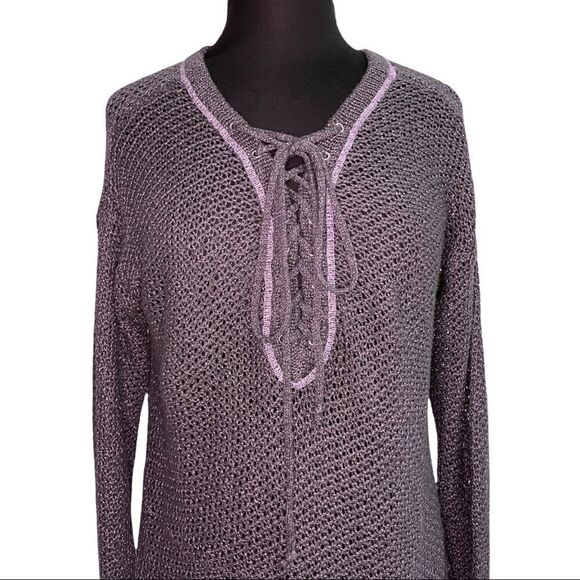 KIMCHI Blue Purple Metallic a lace Up Sweater Sz S - Picture 5 of 13